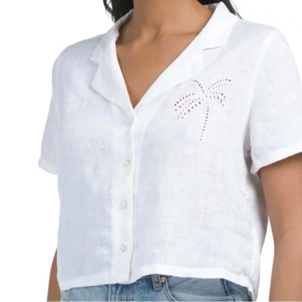 Calypso St. Barth Linen Button Front Crop Camp Shirt White S